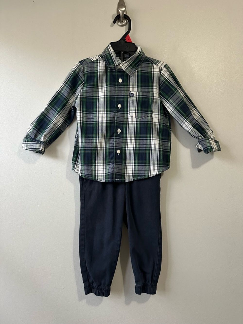 Chaps Toddler Boys Plaid Button-Up Outfit Navy Joggers Size 2T Dressy Fall